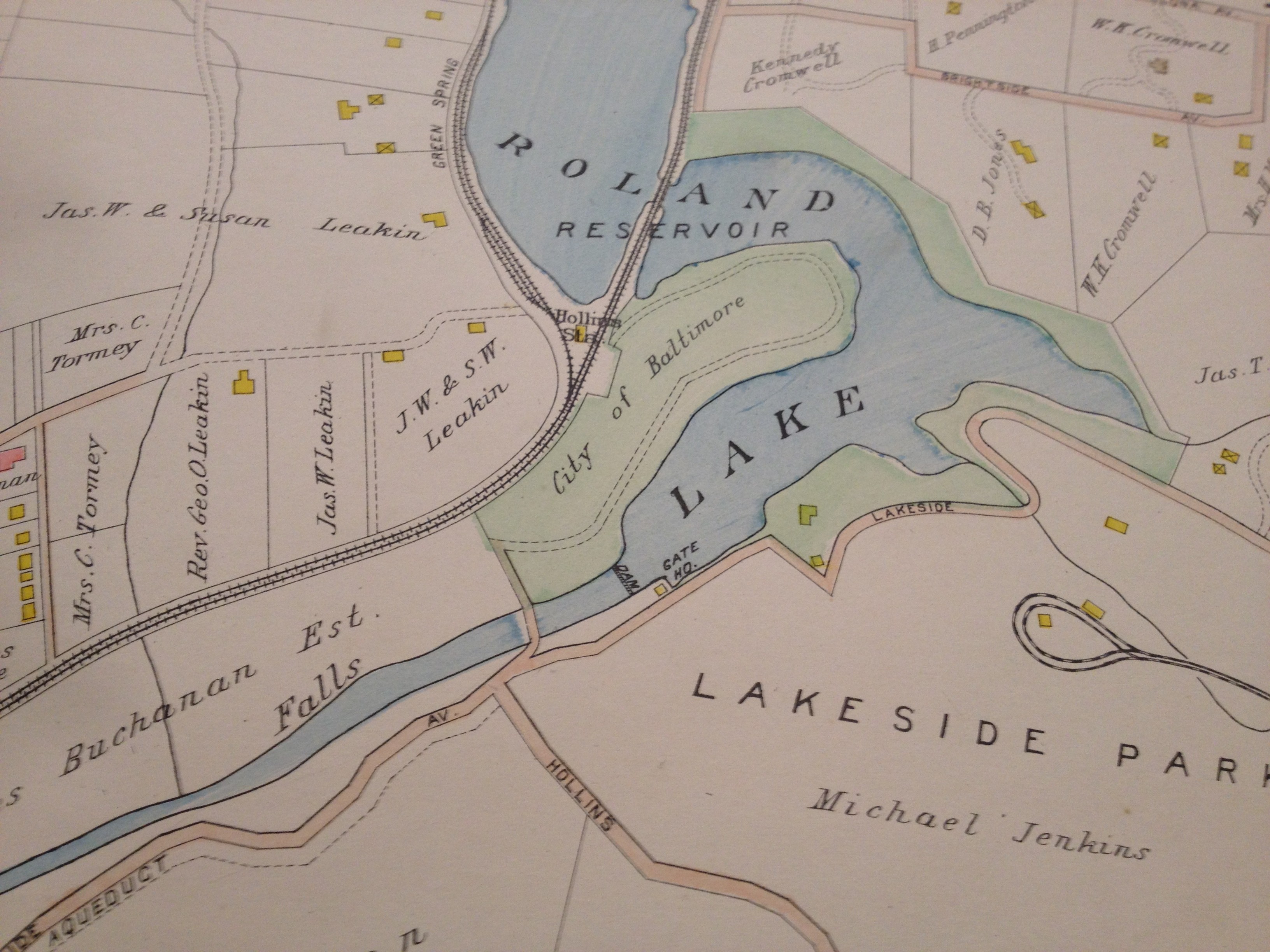The Lake Roland dam, eight miles north of downtown on the Jones Falls. Taken from the Bromley Atlas.