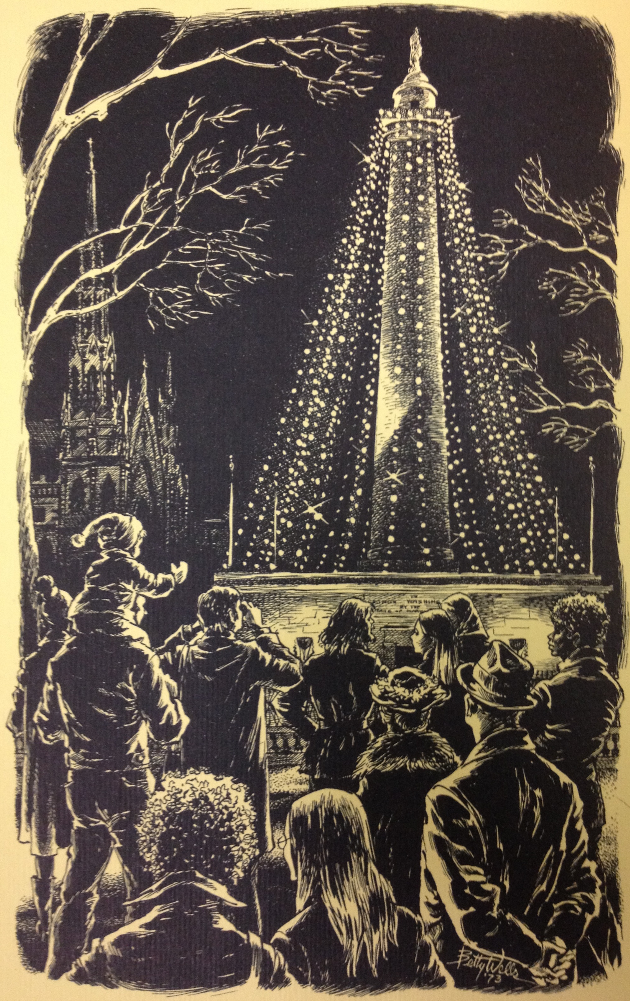 An image of the Washington Monument from Mayor Schaefer's 1973 holiday card. Original pen and ink drawn by Baltimoer artist Betty Wells. Ephemera, Series I, MdHS