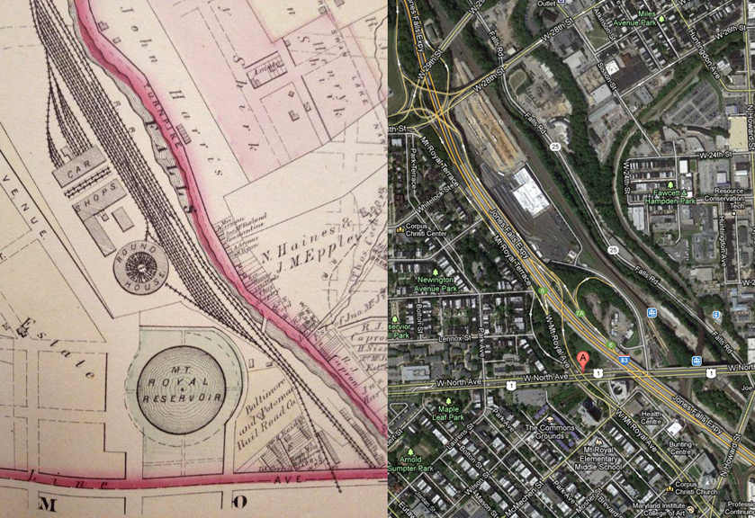 (L) Mt. Royal reservoir in 1877 from the Hopkins map of Baltimore. (R) Present day site taken from Googlemaps. 