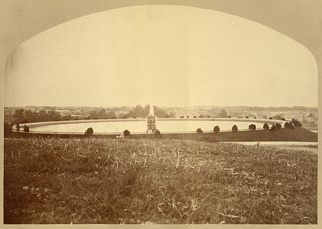 This photograph of the Mount Royal Reservoir was one of several photographs of Baltimore Waterworks in 1875 which were featured in a series of A. Hoen & Co. lithographic prints. SVF-Med Photograph- Baltimore Reservoirs, MdHS