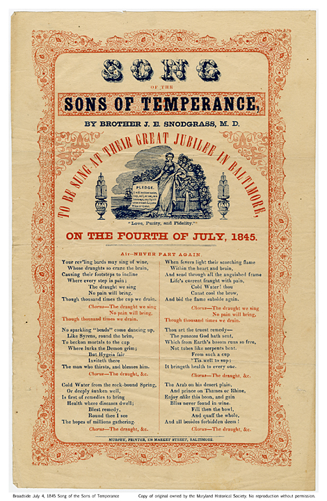 Temperance song written by Brother J. E. Snodgrass, M. D., Broadside, MdHS.