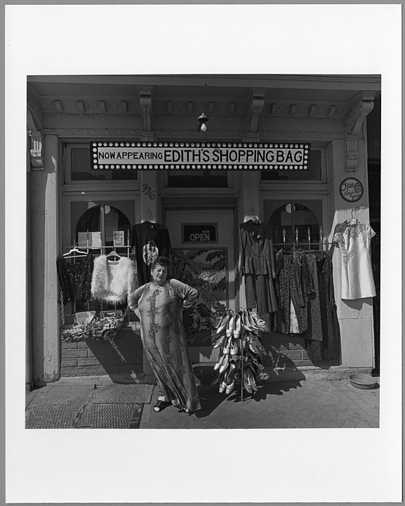 Actress and singer Edith Massey (1918-1984) in front of her thrift store at 726 S. Broadway. Massey was a regular in John Water’s films, appearing in five,  including Female Trouble and Pink Flamingos. She also fronted the short lived punk band, Edie and the Eggs.Edith Massey, South Broadway, Baltimore, 1980, Elinor B. Cahn, The East Baltimore Documentary Photography Project, Baltimore City Life Museum Collection,  1982.19.1.132, MdHS.