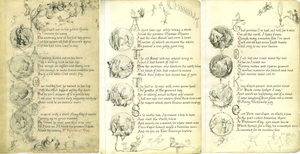 Pages 1-3 of a Valentine's Day poem for Nannie Frick written by an unknown admirer. Possibly illustrated by Dr. Adalbert J. Volck. MD877, BCLM Works on Paper, MdHS.