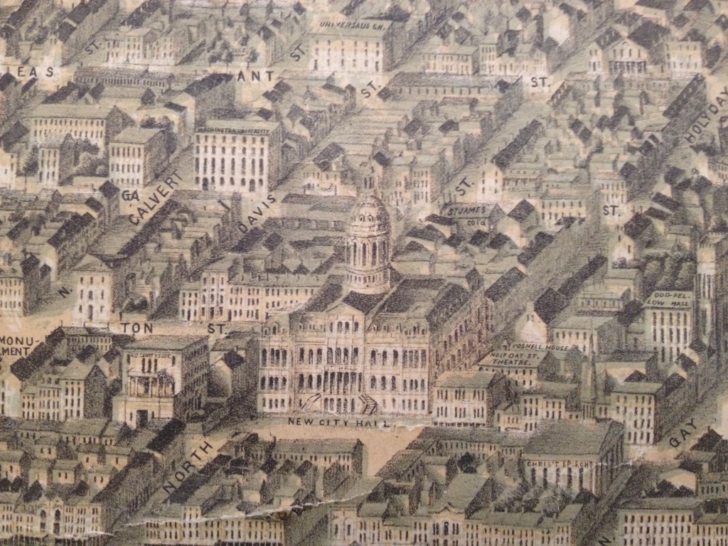Edward Sachse produced an an amzingly accurate depiction of the structures then standing in 1869 Baltimore One exception was the new City Hall building, under construction at the time the map was completed. Not knowing where the entrance was to be erected, Sachse placed it on the south side. Construction of the city hall was completed in 1875, with the entrance on the east side of the building. (Detail) E. Sachse & Co.’s Bird’s Eye View of Baltimore, 1869, Baltimore City Life Museum Collection, CB 5457, MdHS.