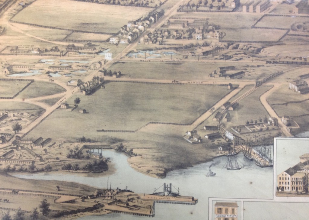 The southern end of the future neighborhood of Federal Hill. (Detail) E. Sachse & Co.’s Bird’s Eye View of Baltimore, 1869, Baltimore City Life Museum Collection, CB 5457, MdHS.