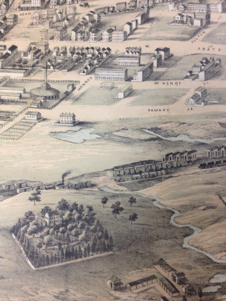 (Detail) E. Sachse & Co.’s Bird’s Eye View of Baltimore, 1869, Baltimore City Life Museum Collection, CB 5457, MdHS.