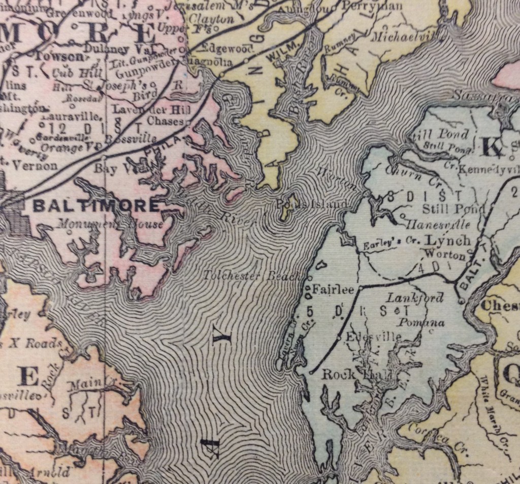 Pool's Island, the proposed site of the Sullivan-Hyer Fight is located at the center of the map. Still Pond Heights, where the fight eventually took place is to the northeast of the Island. Carroll Island, where Tom Hyer evaded Maryland officials is the small pink island at the mouth of the Gunpowder River. Map of Maryland, from Maryland Directory and State Gazetteer, 1887, Map Collection, MdHS. (Detail)