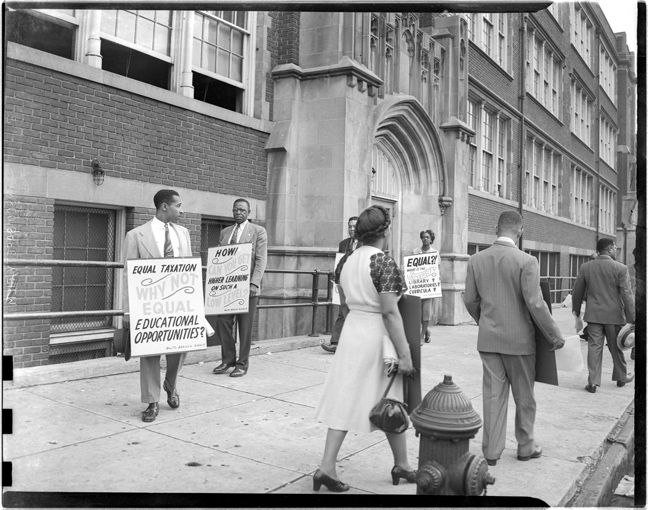 Protesting segregation of teacher training programs. National Association for the Advancement of Colored People (NAACP). Parren J. Mitchell far left. Douglass High School Baltimore, Maryland, July 1948, Paul Henderson, HEN.00.A2-161, MdHS.