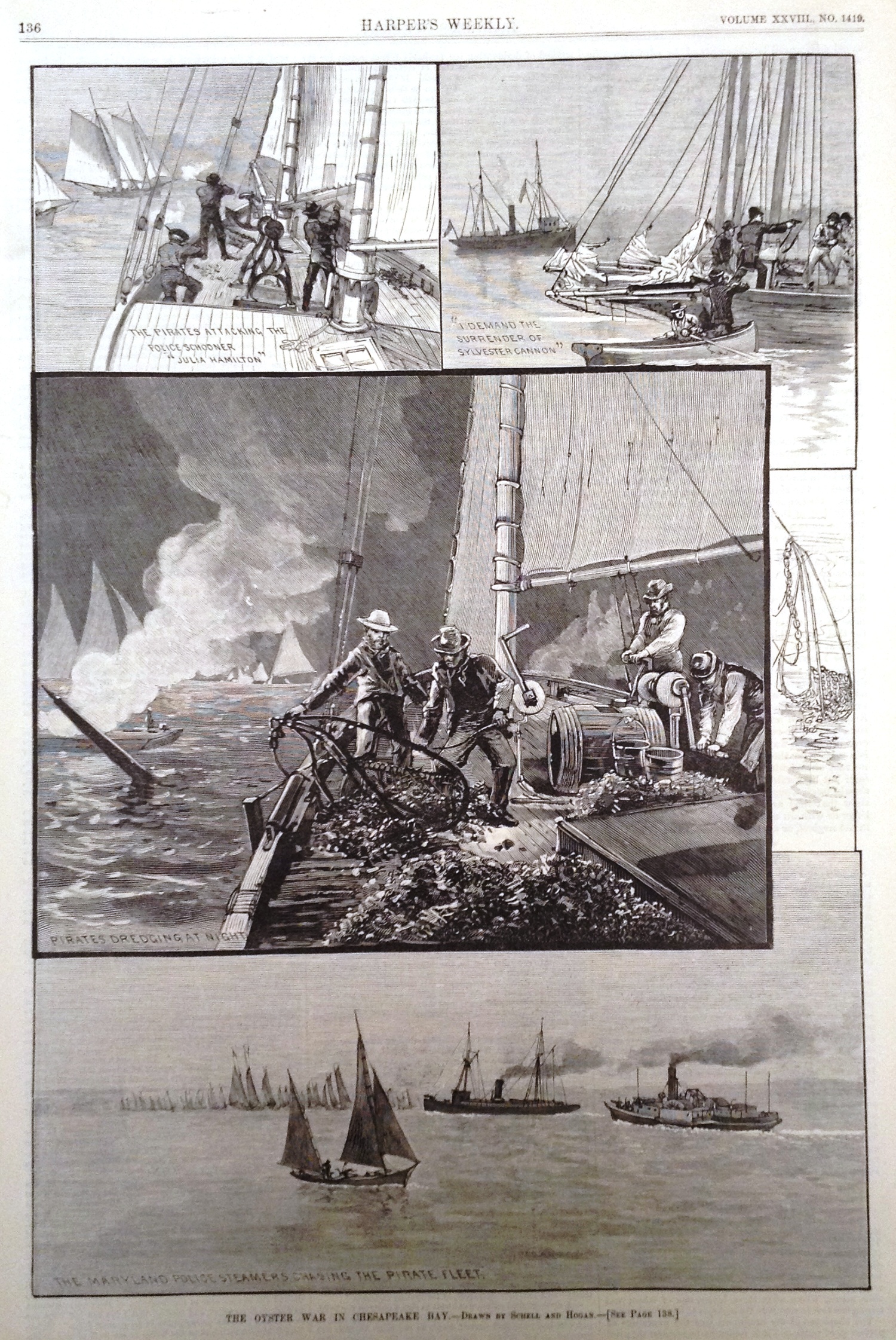 Depiction of the Oyster Wars in Harper's Weekly. The Oyster War in Chesapeake Bay: The Pirates Attacking the Police Schooner "Julia Hamilton," "I demand the surrender of Sylvester Cannon," Pirates Dredging at Night, The Maryland Police Steamers chasing the Pirate Fleet, 1880, Medium Print Collection, MdHS.