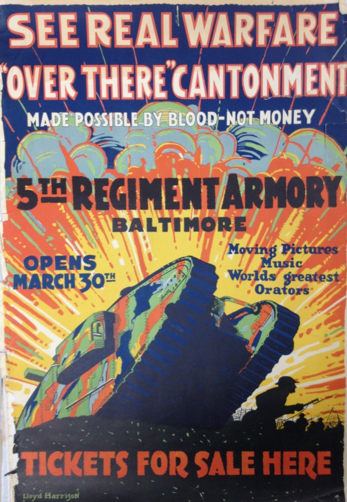 See Real Warfare “Over There” Cantonment, 5th Regiment Armory Baltimore, Tickets For Sale Here, ca 1917-1918, Lloyd Harrison, artist, Poster Collection, MdHS.