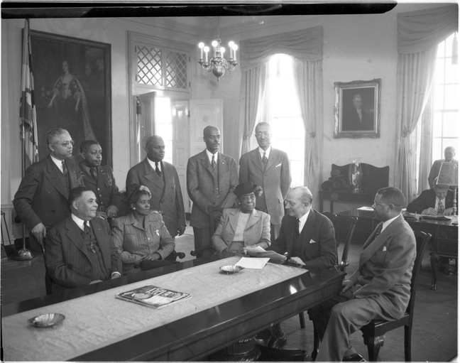 "Governor Lane meeting with the Board of Cheltenham School for Boys," Paul S. Henderson, February 1951. MdHS, HEN.00.A2-206. 