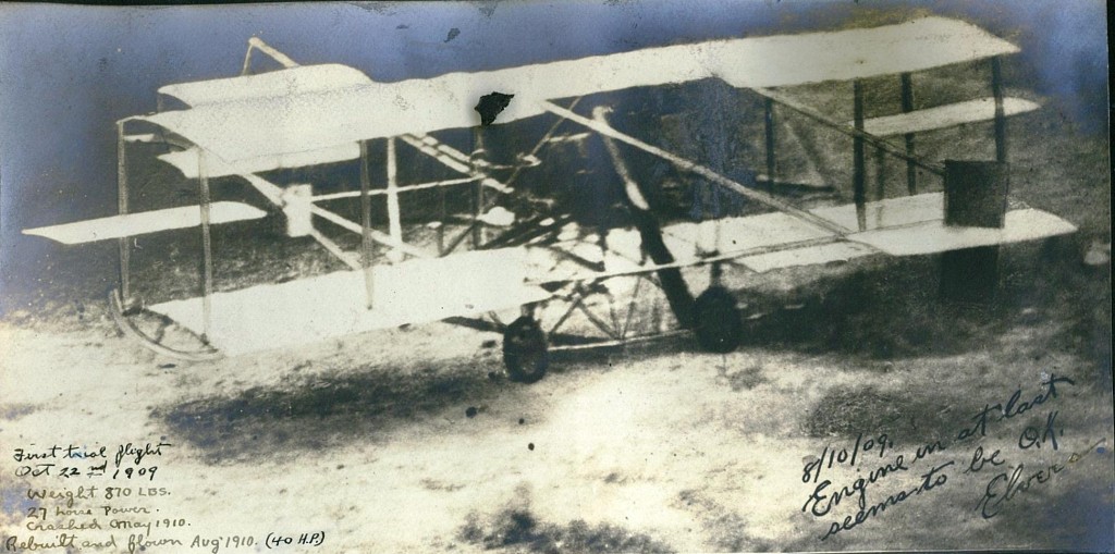 Elvers' first airplane with his notes about its success. Glenn L. Martin Aviation Albums, 1904-1940, MS 704, Box 1, Maryland Historical Society.