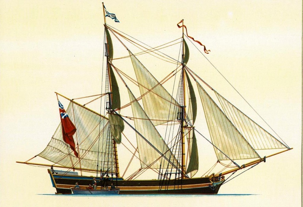 An artist's rendering of the doomed brig, Peggy Stewart. Maritime Committee Research Files, MdHS.