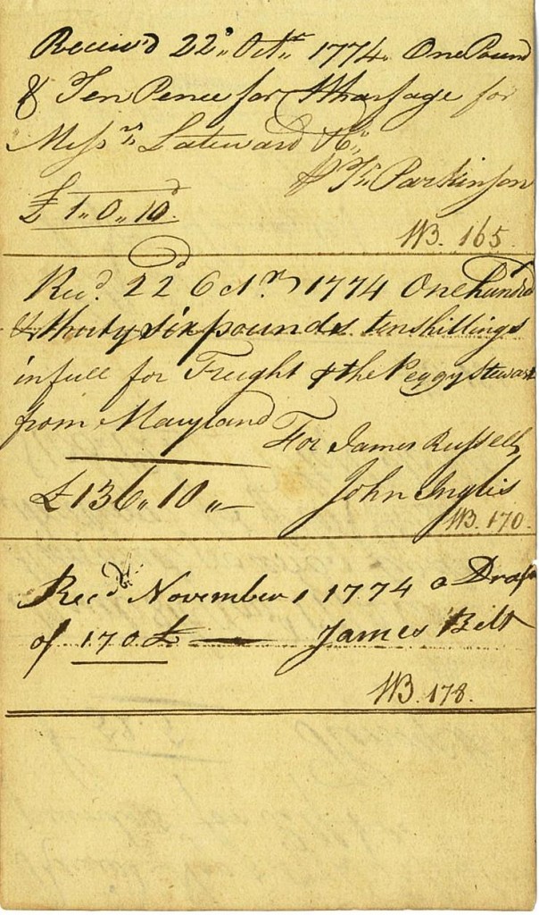 Receipt for goods brought from London on the Peggy Stewart. Receipts, 1774, October 22 and November 10, Revolutionary War Manuscript Collection, MS 2018, MdHS.