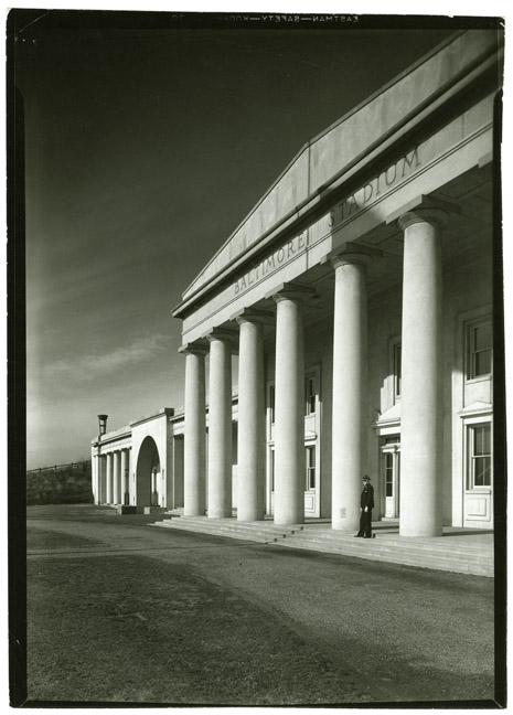 The grand Grecian columns at the entrance to Venable (Baltimore/Municipal) Stadium. Old Stadium (Baltimore Stadium), February 3, 1937, A. Aubrey Bodine, B244-2, Baltimore City Life Museum Collection, MdHS.