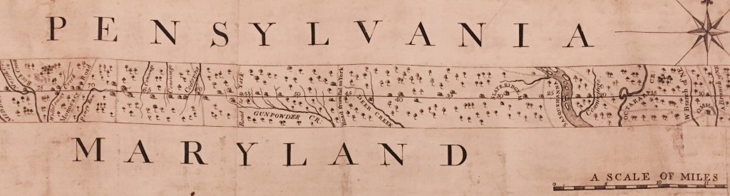 Detail of Charles Mason's and Jeremiah Dixon's A Plan of the Boundary Lines between the Province of Maryland and the Three Lower Counties on Delaware… Engraved by Henry Dawkins and James Smither. Printed by Robert Kennedy, Philadelphia. Signed and sealed by the Commisioners. 1768, Calvert Papers, MS 174, #1051, MdHS.