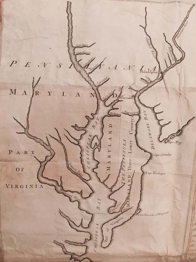Map of the disputed area from the Articles of Agreement between Thomas and Richard Penn, Frederick, Lord Baltimore, and Charles Mason and Jeremiah Dixon for surveying the Maryland-Pennsylvania boundary. With map in margin [Signed by all parties (Cecilius Calvert on behalf of Frederick, Lord Baltimore).] August 4, 1763, (detail) Calvert Papers, MS 174, #166, MdHS. (reference photo)
