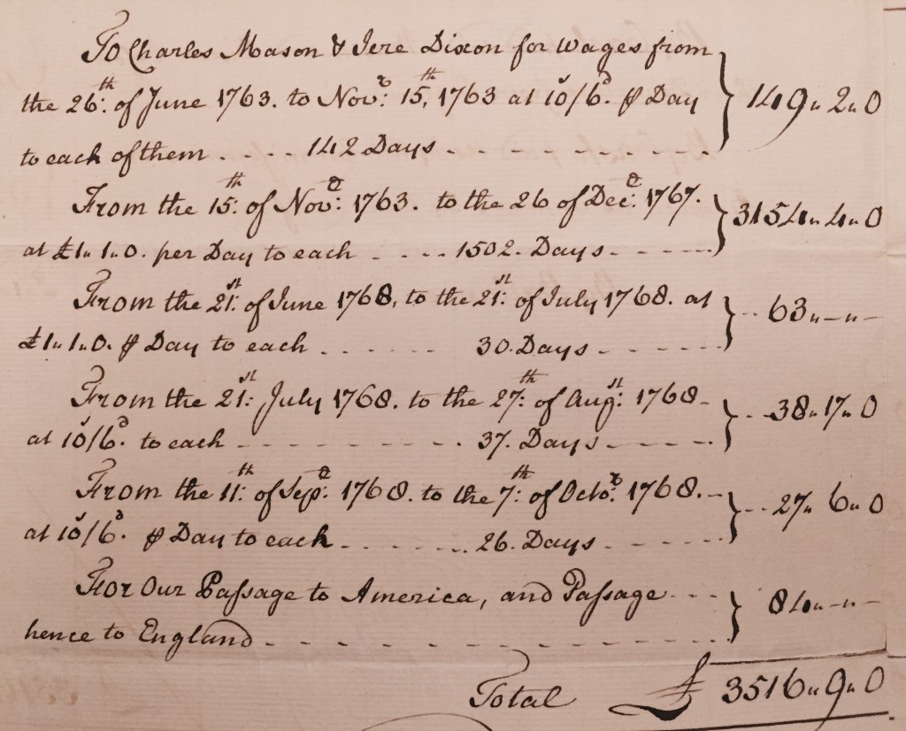 Mason and Dixon's receipt for services rendered for Lord Baltimore and the Penn Brothers. Frederick, Lord Baltimore and Thomas and Richard Penn in account with Charles Mason and Jeremiah Dixon, with receipt in full of Lord Baltimore’s moiety.(detail) February 24, 1769, MS 174, #1027, MdHS.(reference photo)