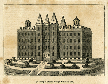 Washington Medical College, where Poe spent his final days. It later became Church Home and Hospital, and the building is currently part of the Johns Hopkins Hospital complex. Washington Medical College, ca. 1838, Works on Paper, MB3089, Baltimore City Life Museum Collection, MdHS