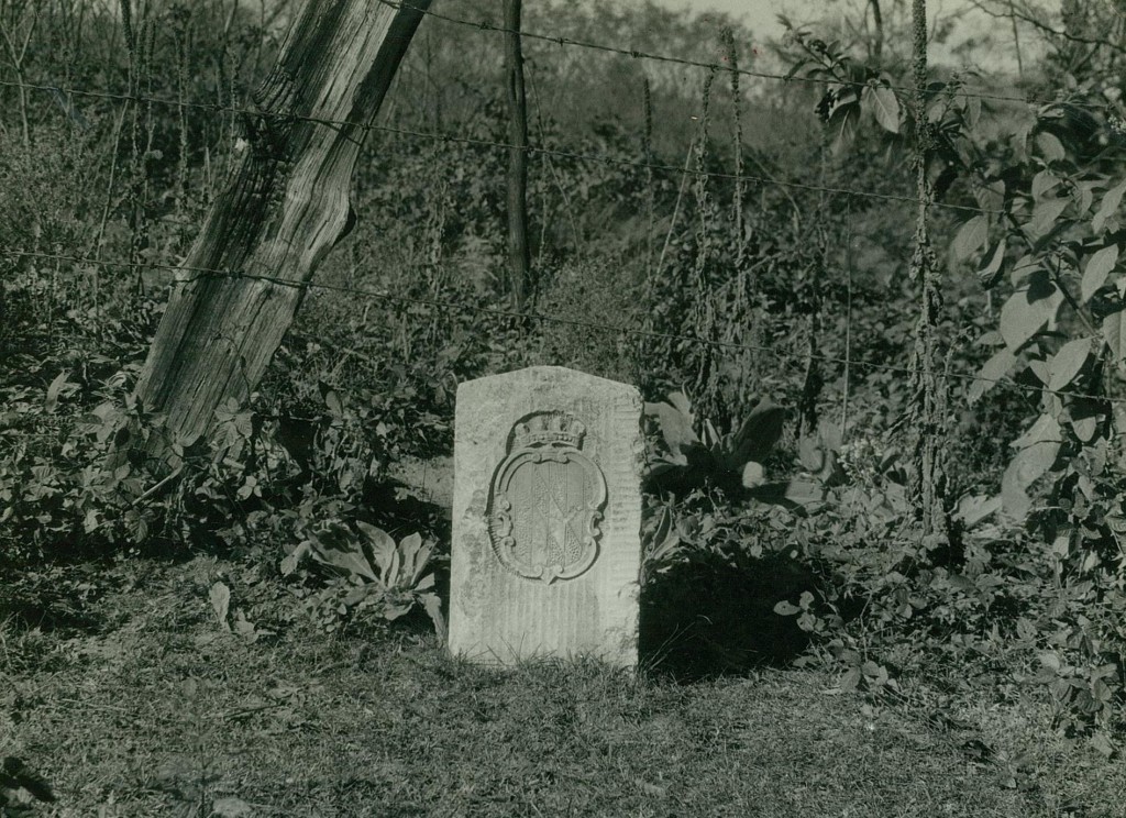 Mason-Dixon Line, Milestone No. 30, Crownstone in fence line ina avalley a mile west of Cardiff, Maryland, 1931. Harwood Mason-Dixon Line Marker Collection, PP37.5.4, MdHS (reference photo).