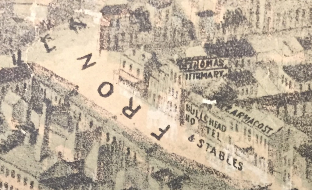 Bull's Head Tavern, N. Front Street. E. Sachse & Co.’s Bird’s Eye View of Baltimore(Detail), 1869, Baltimore City Life Museum Collection, CB 5457, MdHS (reference photo)