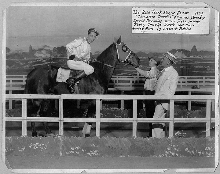 Race Track scene from “Chocolate Dandies,” a musical comedy with Harold Browning, owner of Texas Trainer and jockey Charlie Davis. Ca. 1924, Eubie Blake Photograph Collection, PP301.318, MdHS.