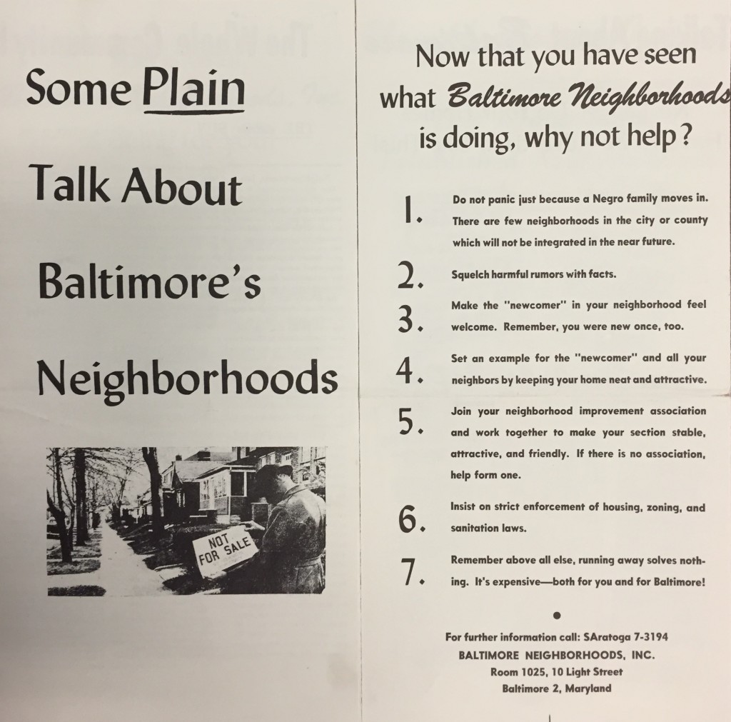 Baltimore Neighborhoods, Inc., brochure, ca 1960, Sydney Hollander Collection, MS 2044, MdHS.