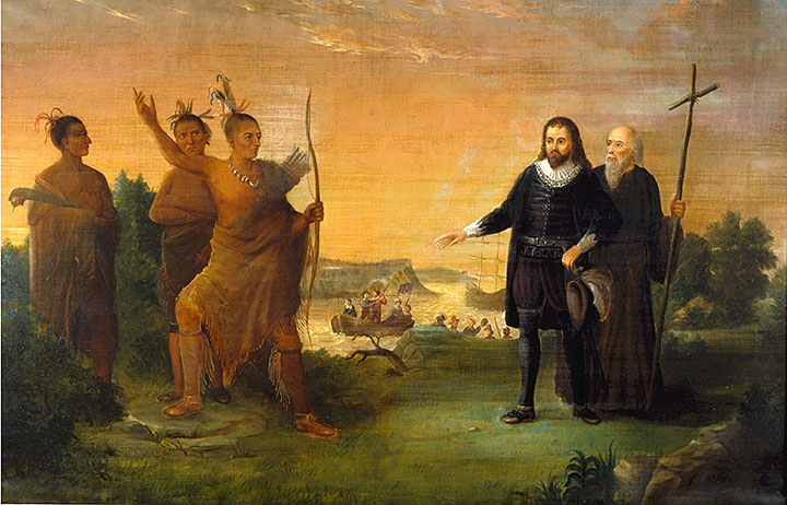 An illustration of Maryland's first colonists meeting with one of the many Native American tribes. "First Landing of Leonard Calvert in Maryland," Oil on Canvas, ca. 1865-70 by David Acheson Woodward (1823 - 1909), Museum Department, 1924.7.1, MdHS.