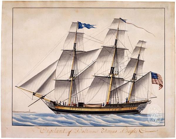 Vigilant of Baltimore, commanded by Thomas Boyle, ca 1803, Museum Collection M1975.3.2, MdHS. Vigilant was another ship commanded by Thomas Boyle before the War of 1812, ca. 1803. There is no known image of Chasseur. Most ships of the Chesapeake region built during the early republic were built by eye – meaning shipbuilders did not use blueprints. Many times there is no complete record of the details on a ship's construction. Logbooks may note size of the vessel and the numbers of guns, crew members, and masts. This information is used to replicate the original as closely as possible