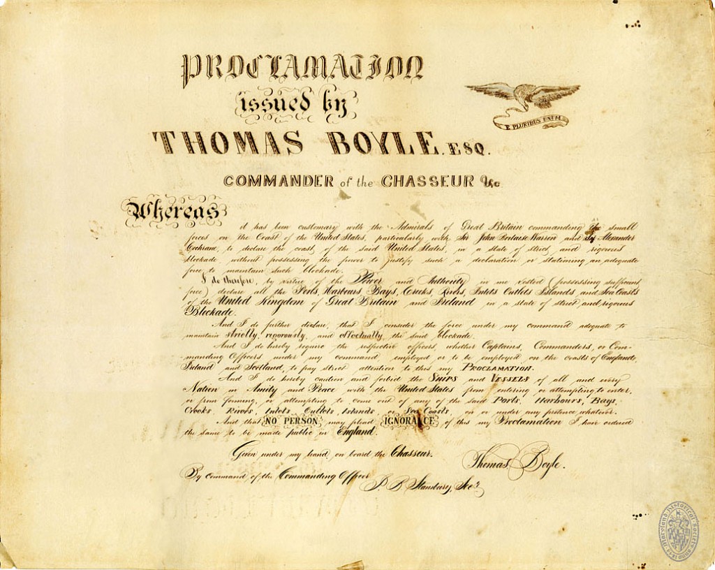 Proclamation Issued by Thomas Boyle, Commander of the Chasseur, 1814, MS 1846, MdHS.