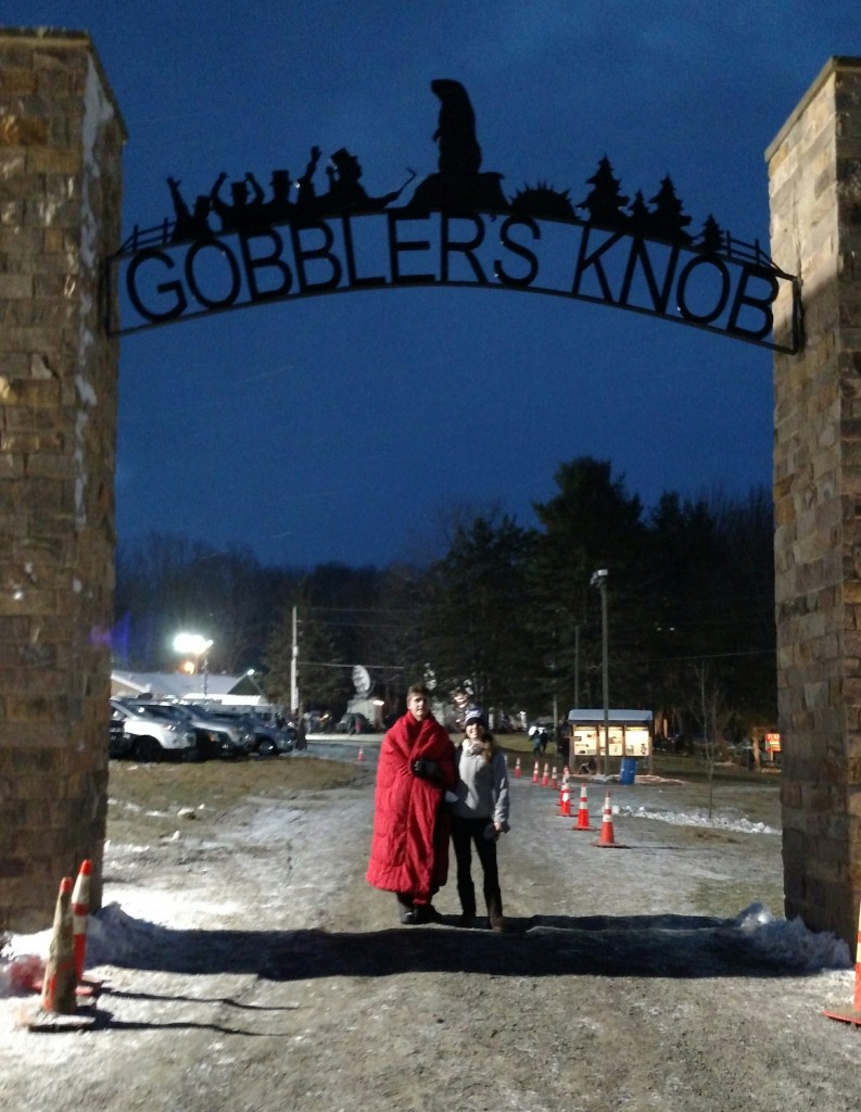 Sophie and Leland Armiger at the entrance to Gobblers Knob before the big announcement, February 2, 2017.