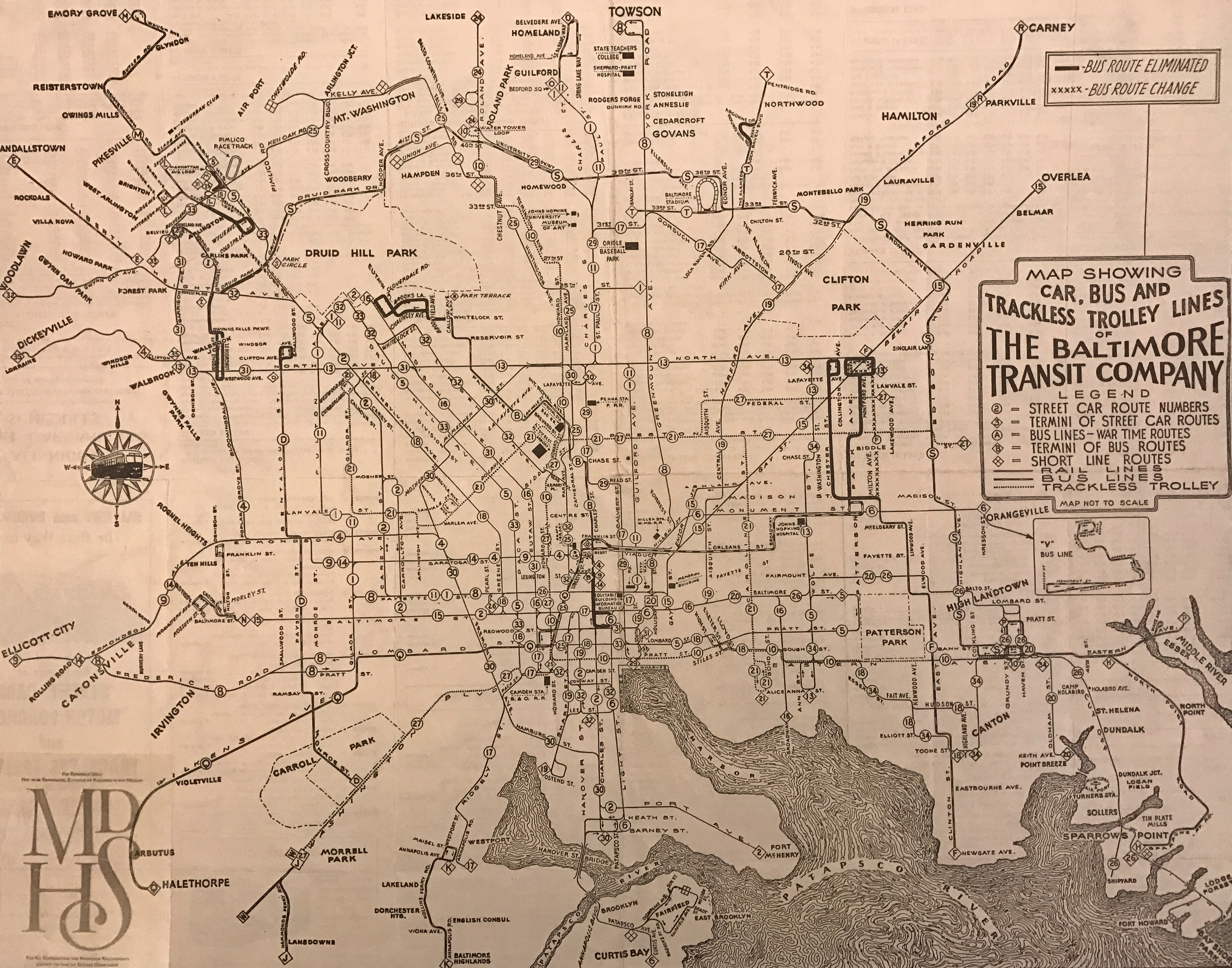 Map Showing Car, Bus and Trackless Trolley Lines of the Baltimore Transit Company, 1945, Map Collection, MdHS (reference photo)