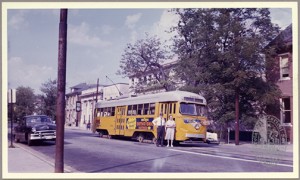 Streetcar (to Catonsville).  Towson, Maryland Ca. 1950. Unidentified photographer Trussell Collection Box 1 Special Collections