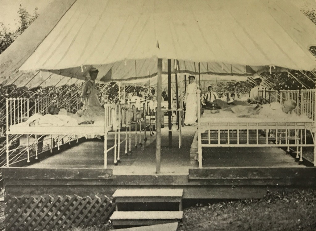 Tent Wards at Mountain Hospital, Hospital for the Relief of Crippled and Deformed Children of Baltimore City, ca 1909. From The Fourteenth Annual Report of the Hospital for the Relief of Crippled and Deformed Children of Baltimore City, 1909, PAM 13269, MdHS (reference photo)