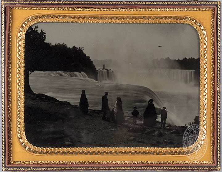 Souvenir photographs became all the rage as photography became more accessible. Babbitt took hundreds of daguerreotypes and ambrotypes, like this one, of families and friends of excursions to Niagara Falls. “A Visit to Niagara Falls-The McKim Family,” ca. 1860, Platt D. Babbitt, Cased Photograph Collection, CSPH 162, MdHS. 