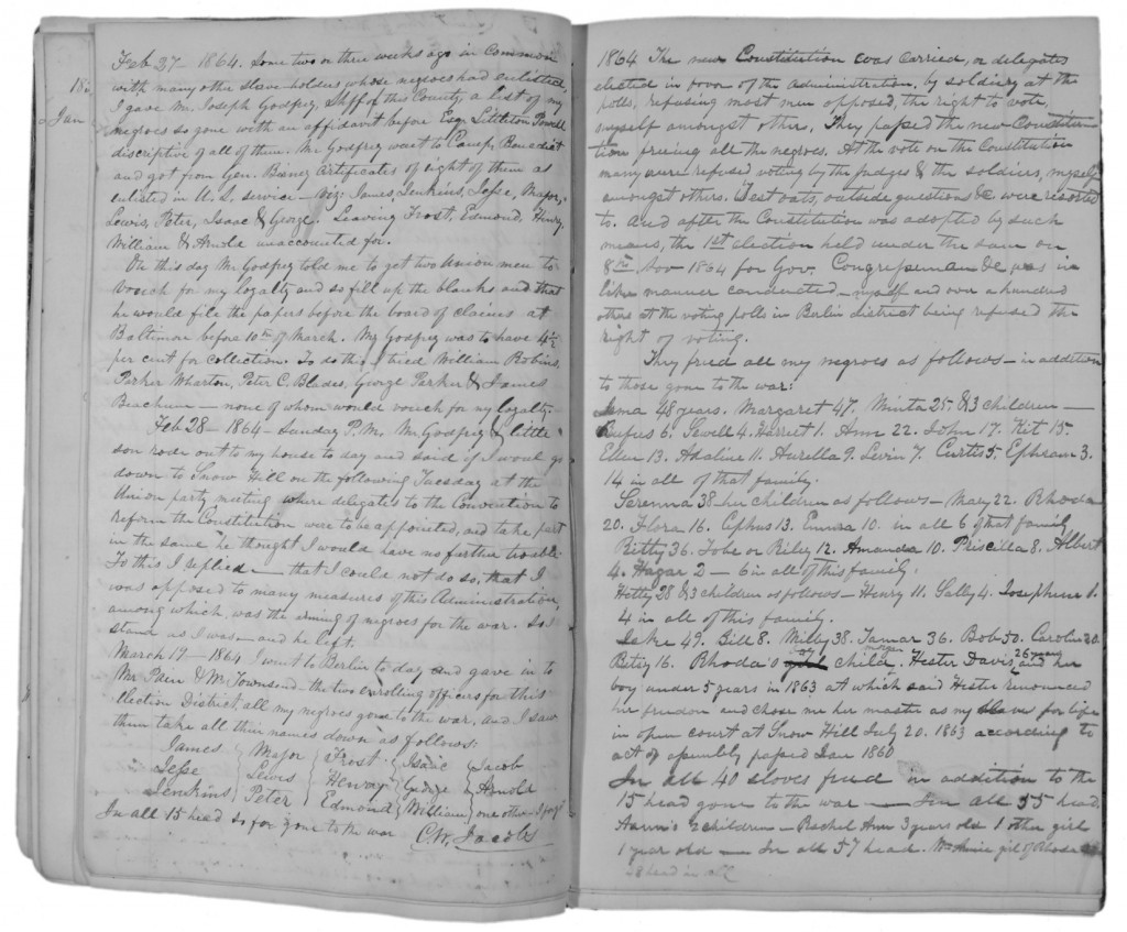 Curtis Jacobs was a wealthy planter, state legislator, and ardent supporter of slavery. These excerpts from his journal offer his reflections on the Union Army's recruitment of slaves in Maryland, the 1864 state constitution and Emancipation Day, and the slaves he lost with compensation when slavery was abolished. Curtis Jacobs Journal, MS 3036, MdHS (reference photo)