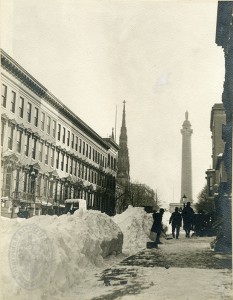Baltimore - Storms & Bilzzards - Blizzard of 1899 - Washington Monument. View looking south on Charles Street towards the monument. Unidentified photographer, 1899. Subject Vertical File (Z24.46.VF), MdHS.