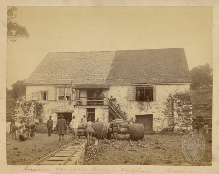 American Colonization Society's Warehouse, Monrovia. Unidentified photographer. Not dated. 9 x 12 inch photograph print American Colonization Society / Liberia Collection. PP161-I-24 , MdHS.