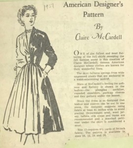 [Figure 9] “American Designer’s Pattern by Claire McCardell,” unidentified periodical, 1957, Claire McCardell Collection, MS 3066, Box 4, Folder 1, H. Furlong Baldwin Library, MdHS. (Reference Photo).