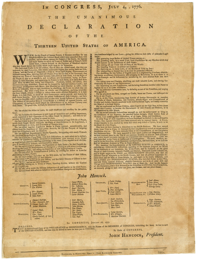 Broadside of Declaration of Independence.