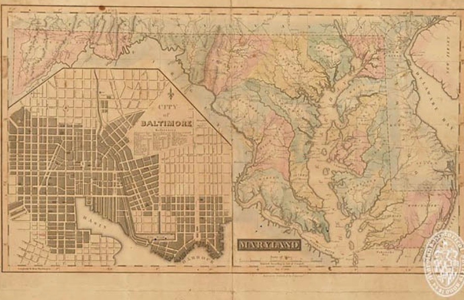 A historic map of Maryland.