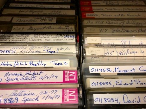 A drawer of oral history tapes.