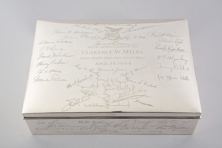 Sterling silver humidor presented to Clarence W. Miles.