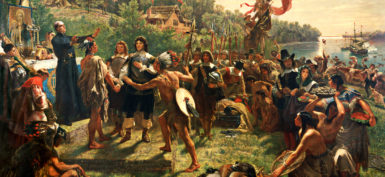 Painting of Native Americans interacting with Christian settlers