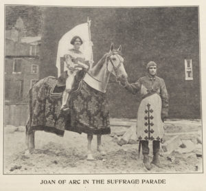 A photograph of "Joan of Arc in the Suffrage Parade" from a 1912 issue of the Maryland Suffrage News