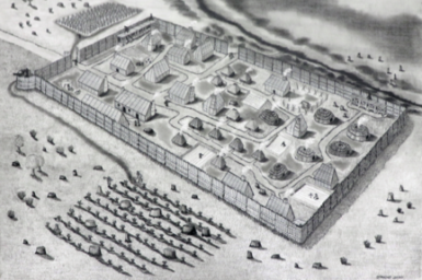 Conjectural drawing of St. Mary's Fort based on geophysical survey. Drawing by Jeffery R. Parno.
