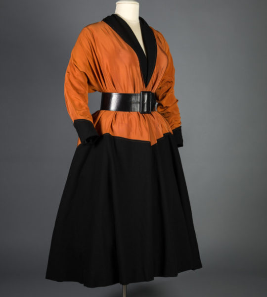 Pumpkin-colored Monastic-style dress by Claire McCardell.