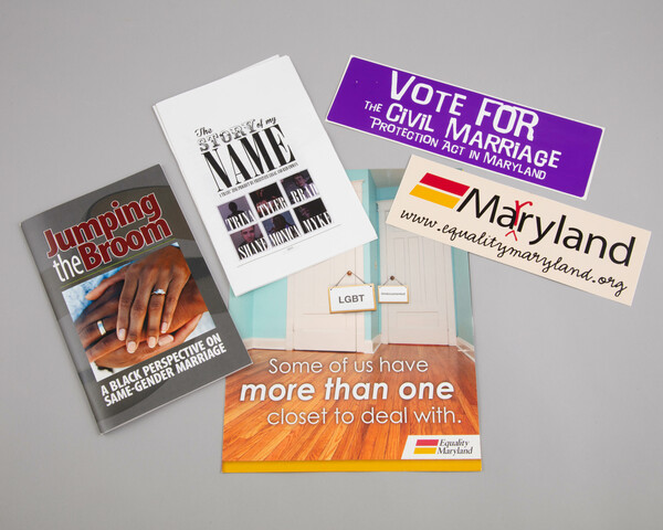 Group of pamphlets and bumper stickers with quotes about marriage equality.