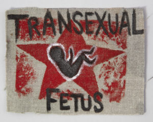 Image shows a had-painted patch of fabric featuring a silhouette of a fetus outlined in white over a red star. The word "Transexual" appears in black capital letters over the image, while the word "fetus" appears underneath the image.