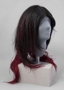 Long black wig with red ends.